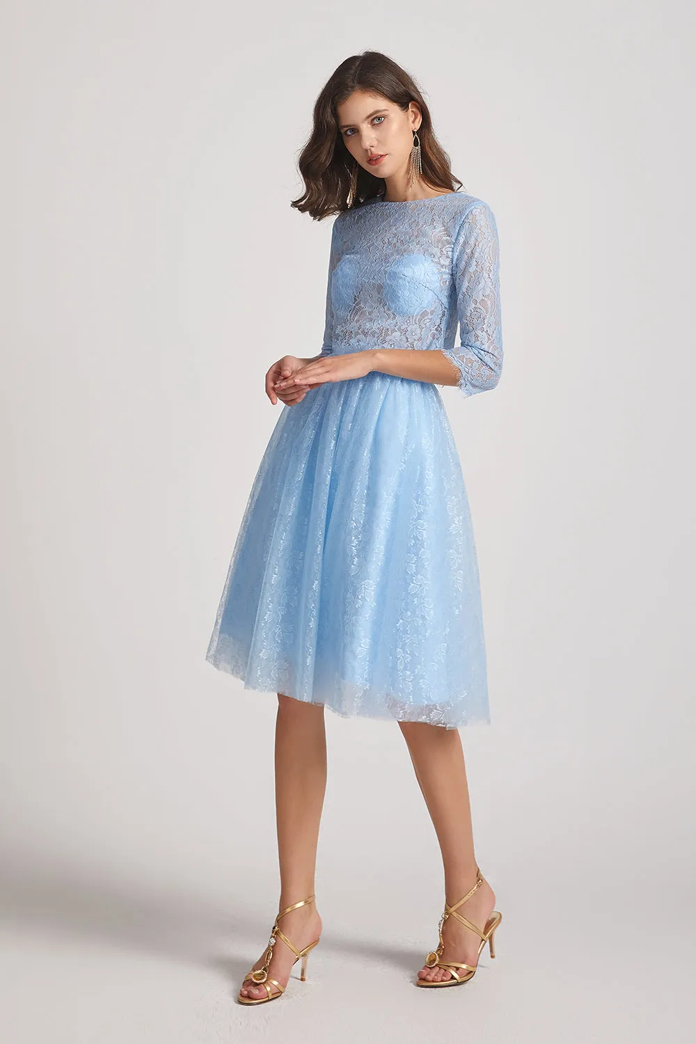 Short Jewel 3/4 Sleeves Two-Piece Sheer Lace Bridesmaid Dresses (AF0137)