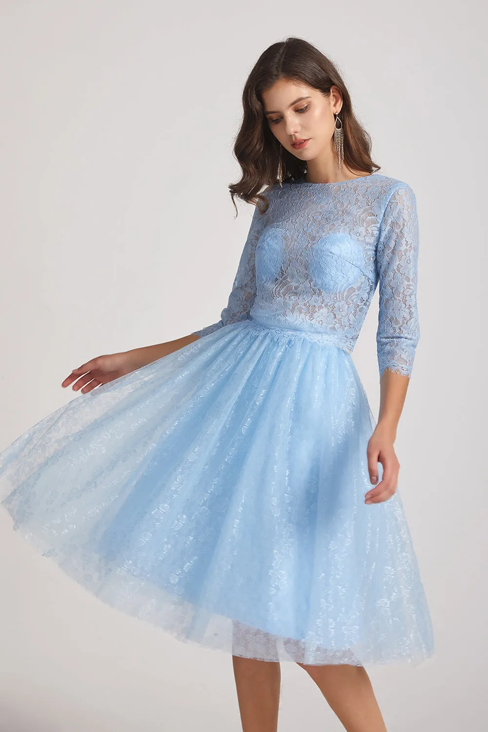 Short Jewel 3/4 Sleeves Two-Piece Sheer Lace Bridesmaid Dresses (AF0137)