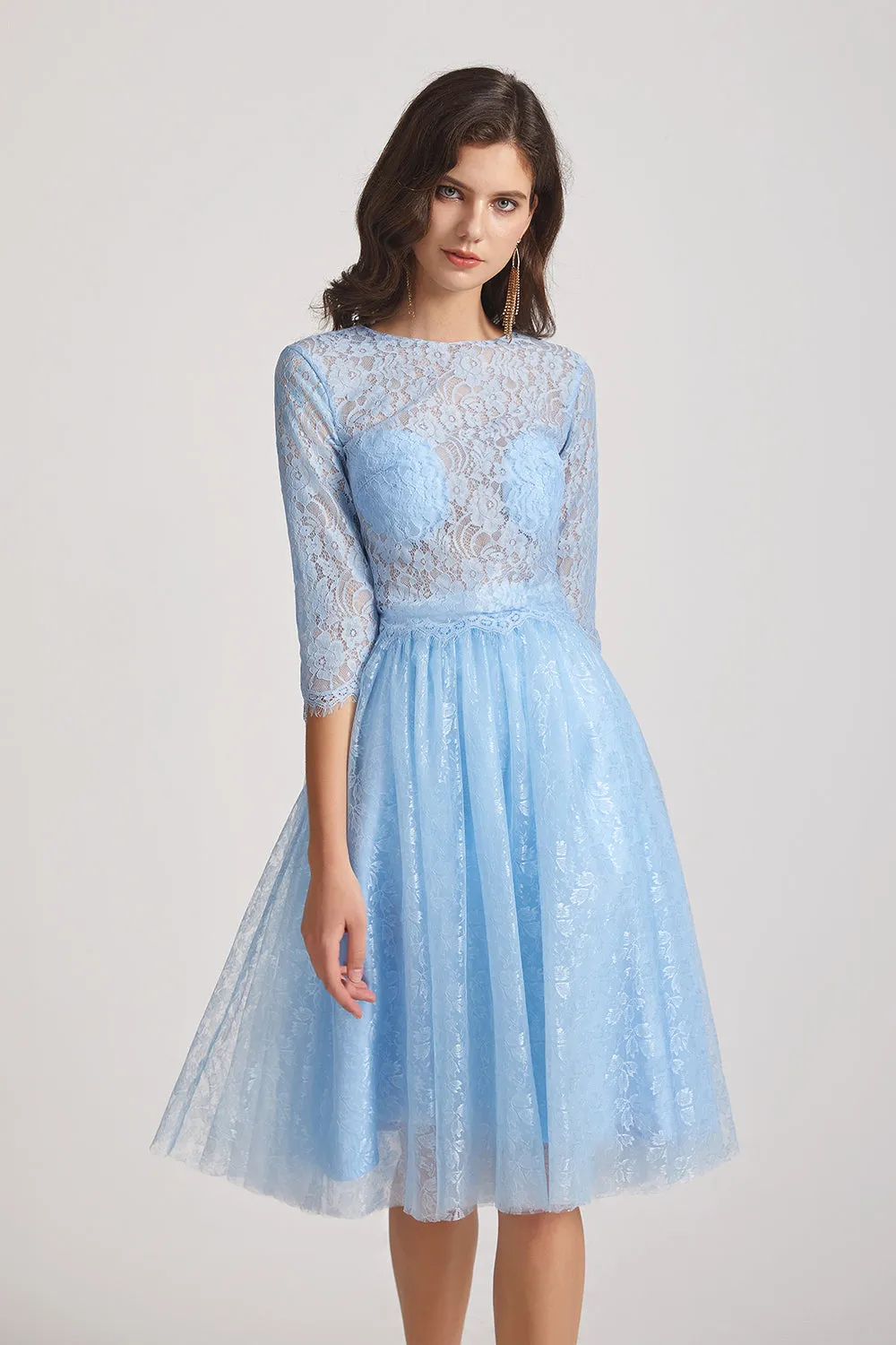 Short Jewel 3/4 Sleeves Two-Piece Sheer Lace Bridesmaid Dresses (AF0137)