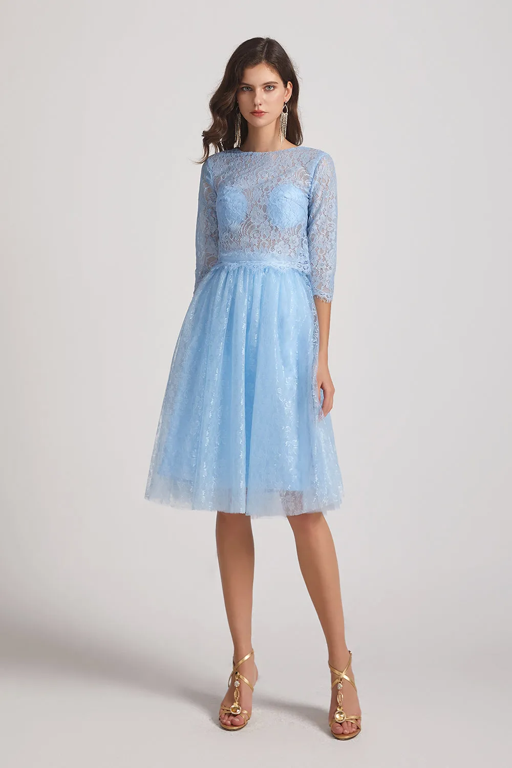 Short Jewel 3/4 Sleeves Two-Piece Sheer Lace Bridesmaid Dresses (AF0137)