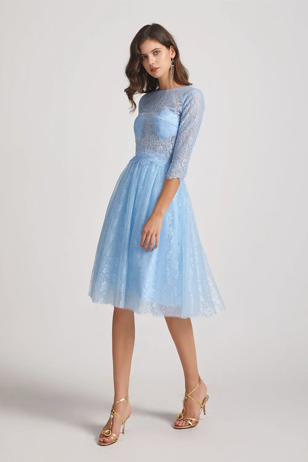 Short Jewel 3/4 Sleeves Two-Piece Sheer Lace Bridesmaid Dresses (AF0137)