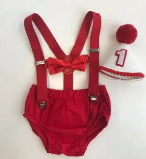 Valentines boy Smash Cake Outfit Boy Birthday Outfit 4 Piece Set Diaper Cover, Suspenders Party Hat