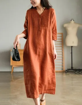 Women's Mid-sleeve Pullover V-neck Linen Dress